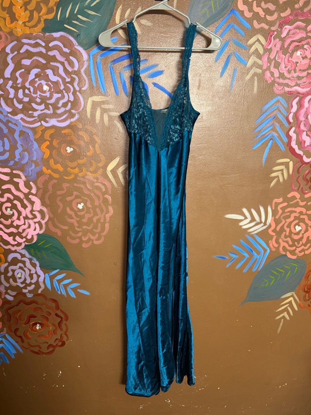 Victoria Secret Teal Satin Long Slip with Lace Straps - Picture 5 of 5
